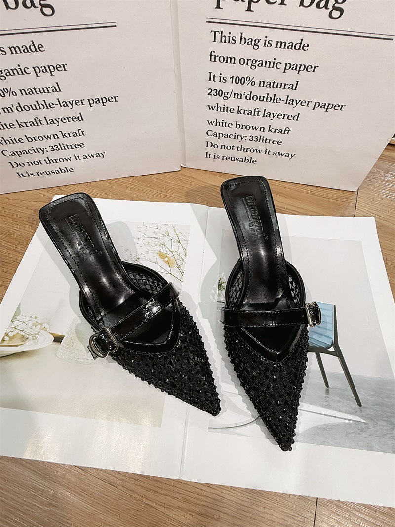 2026 nuevo verano de malla de diamante mitad zapatillas zapatillas de tacón frío zapatillas de tacón alto mujer ropa exterior de moda tacones delgados punta image 9