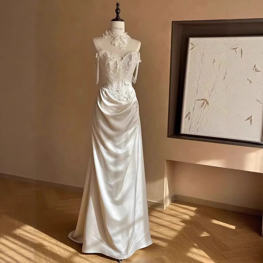 法式复古蕾丝轻婚纱新娘抹胸重工晚礼服裙轻奢小众缎面鱼尾出门纱