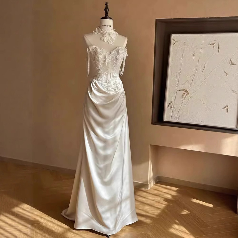 French-Style Vintage Lace Light Wedding Dress, Strapless Evening Gown, Light Luxury Niche Satin Mermaid Bridal Gown