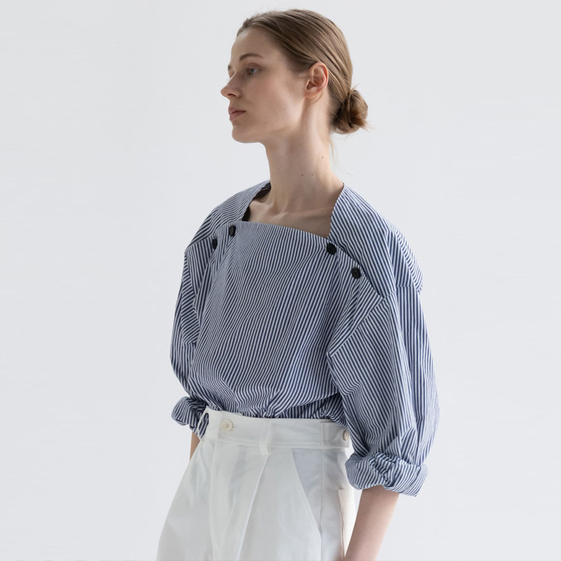 In-Stock Moondal Striped Shirt for Women, 2024 Spring and Autumn Korean Style Designer Niche Loose Drop-Shoulder Shirt