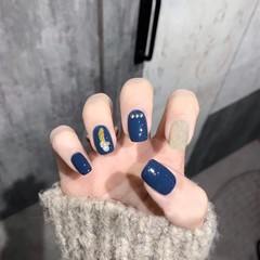 X168假指甲片可拆卸美甲貼片成品美甲片穿戴式藍色樹葉帶鑽短款甲