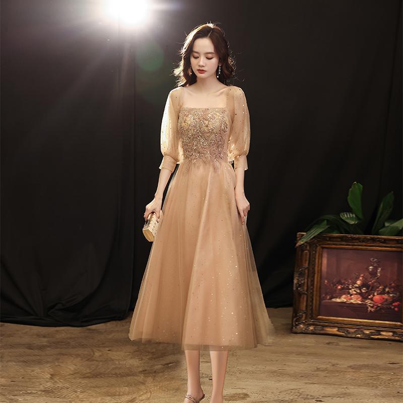 Vestido de Noche Color Champán para Banquete, Nuevo Modelo Otoño 2025, Elegante Vestido de Manga Larga para Presentadora o Actuación