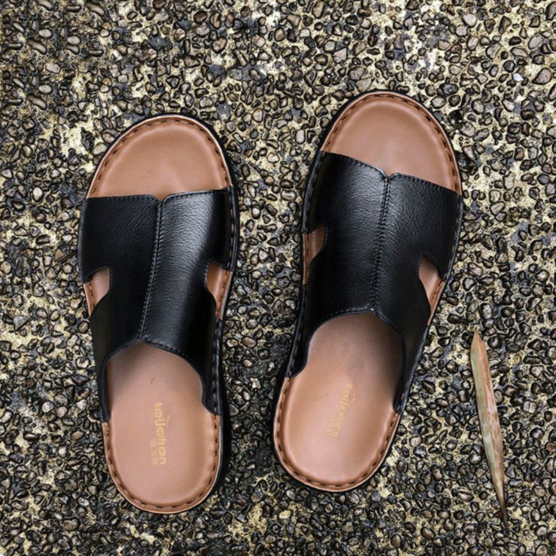 Handmade Men's Leather Slippers Summer Wear Non-slip Simple Slides Soft Leather Soft Bottom Genuine Leather Men's Slippers
