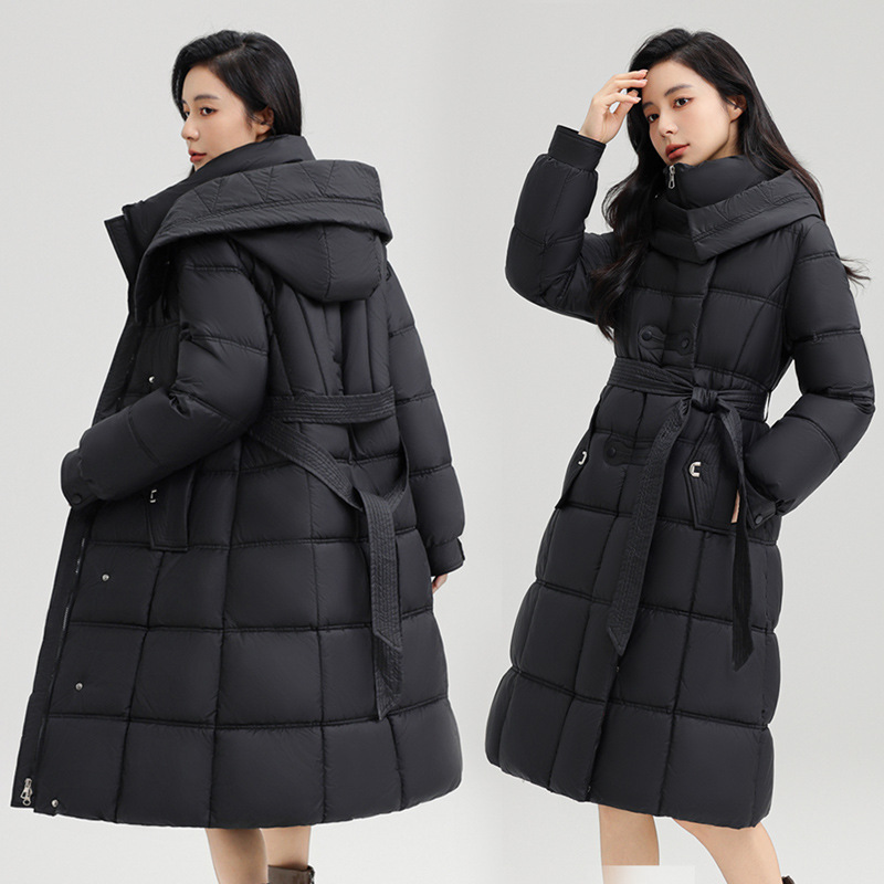 大码欧洲站2025新款时尚修身系带连帽羽绒棉服女长款加厚过膝大衣|undefined