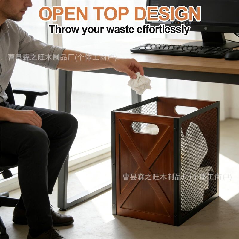 Wooden trash bin with handle, office dirty clothes basket, rectangular waste storage bin, home decor storage basket