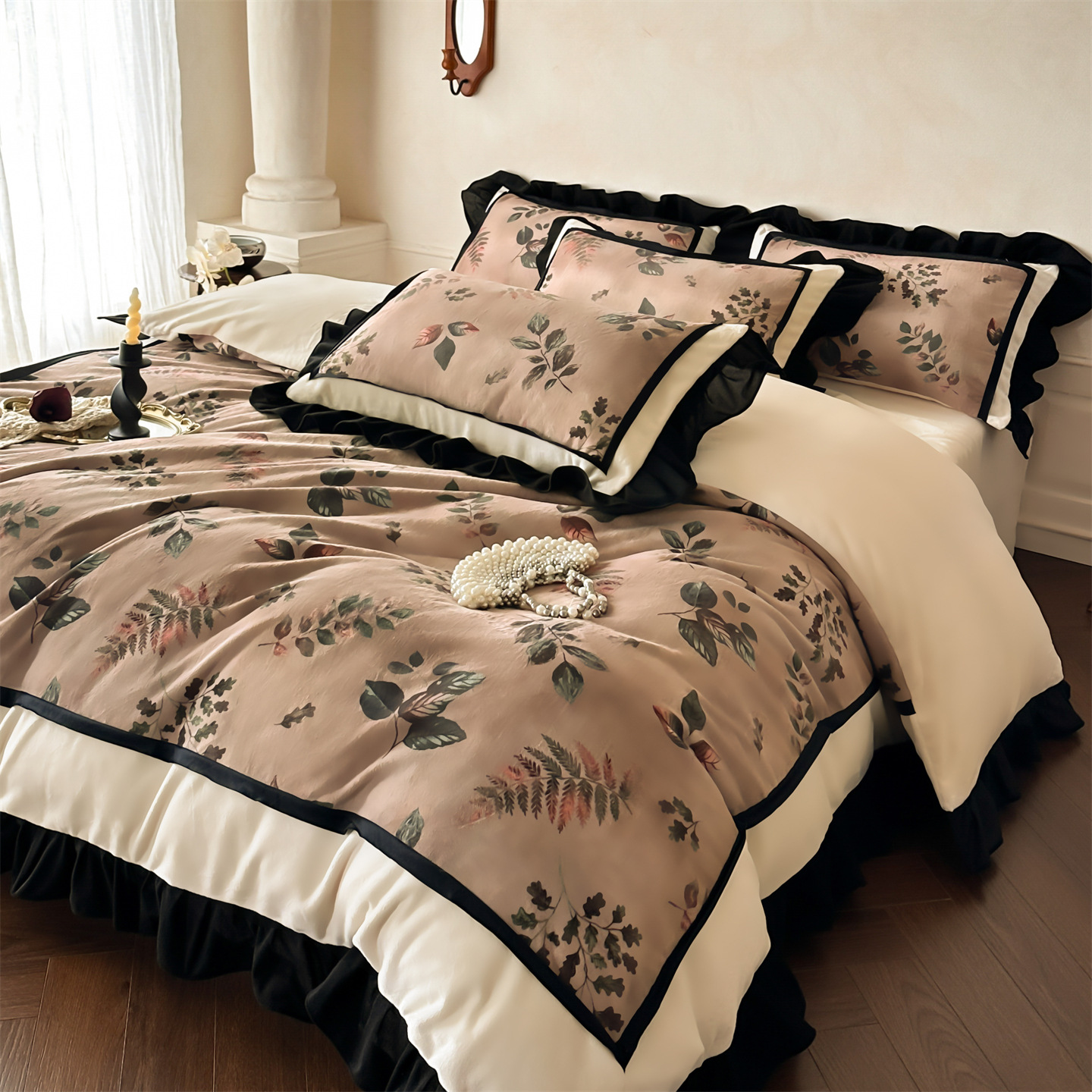 Conjunto de cama vintage nórdico francês boho clássico outono inverno veludo grosso e quente cor leite renda francesa quatro peças com lençol e edredom_voghion.com