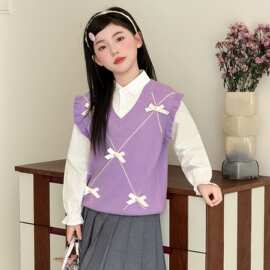 女童韩系毛衣假两件春秋新款儿童针织衫背心中大童学院风百搭秋装