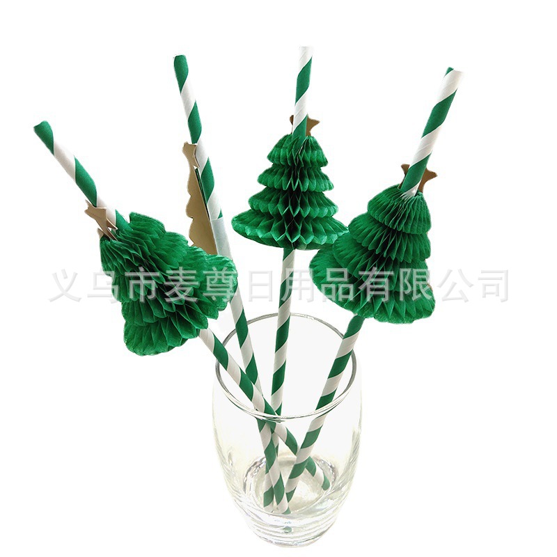 Pajitas de papel creativas con forma de árbol de Navidad verde, decoración para postres navideños, pajitas de papel tridimensionales con forma de panal de abeja