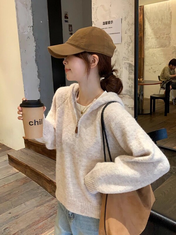 软糯chic高级感杏色连帽拉链毛衣外套女春秋韩系慵懒风针织衫上衣|undefined