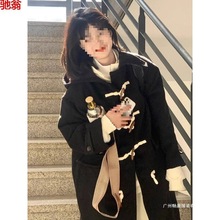 Y9Z牛角扣呢子大衣女秋冬2024新款中长款过膝赫本风黑色加厚毛呢