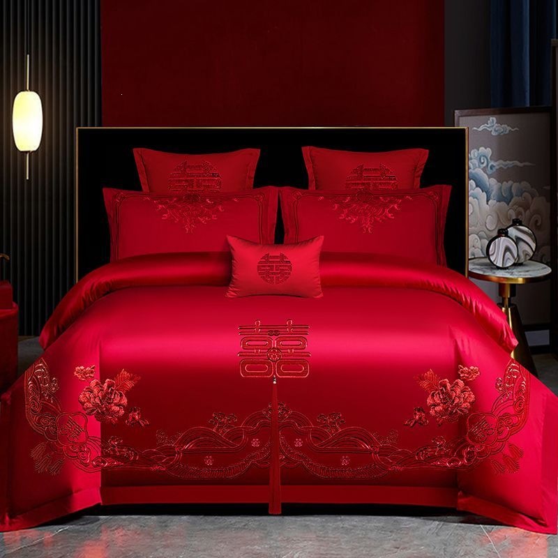 Cuatro piezas de boda china dragón-fénix bordado sábanas de boda rojas casa de boda colcha de cama image 31