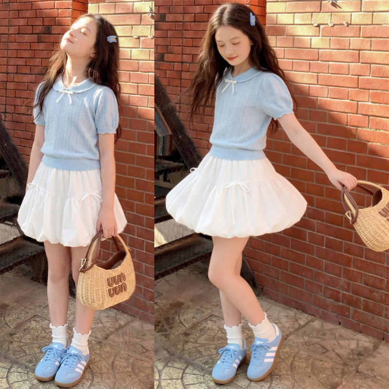 Children's Clothing, Girls' Summer Suit, Big Kids' Bow-Knot Doll Collar Knitwear, Flower Bud Skirt, Girls' Fashionable Two-Piece Set Children's Clothing, Girls' Summer Suit, Big Kids' Bow-Knot Doll Collar Knitwear, Flower Bud Skirt, Girls' Fashionable Two-Piece Set