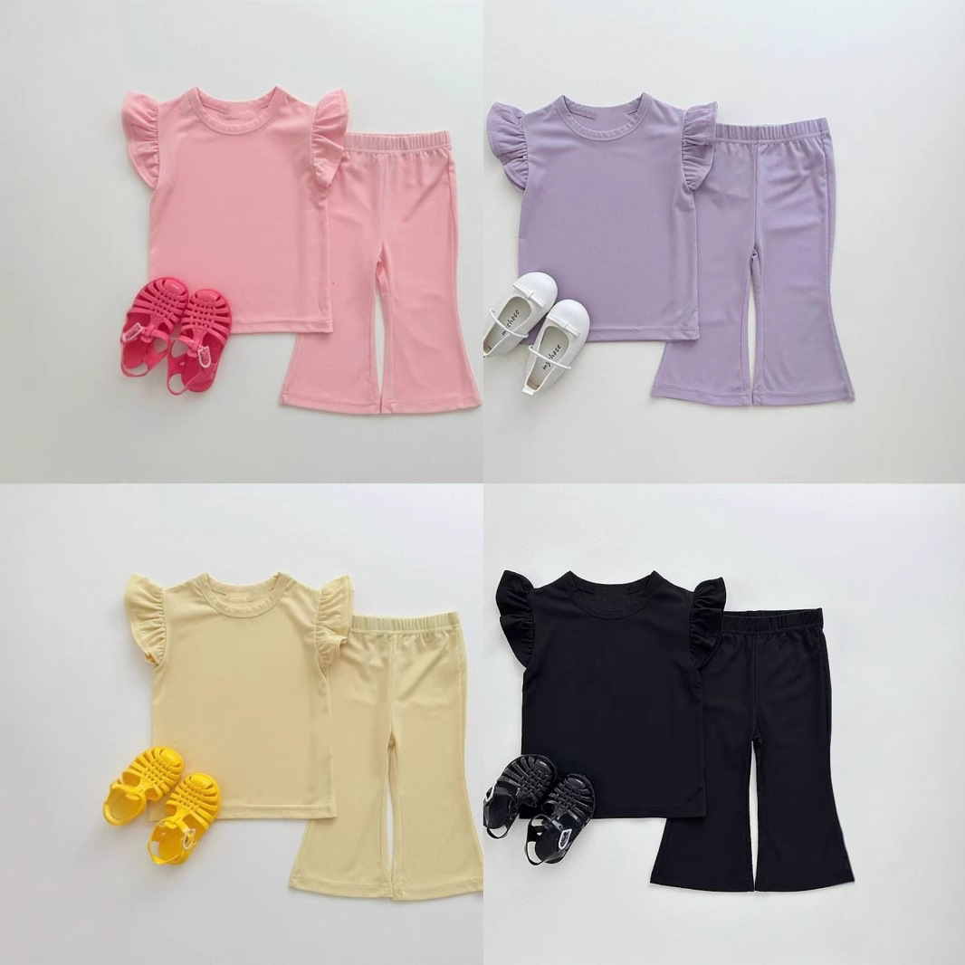 Summer Girls' Thin Lotus Leaf Short-Sleeved T-Shirt Bell-Bottom Pants Set Baby Pit Strip Two-Piece Set