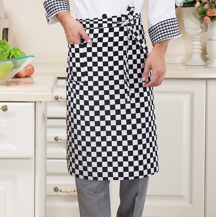 1V0H批发酒店厨房厨师服务员围裙白色黑色黑白条半身围裙半截围裙