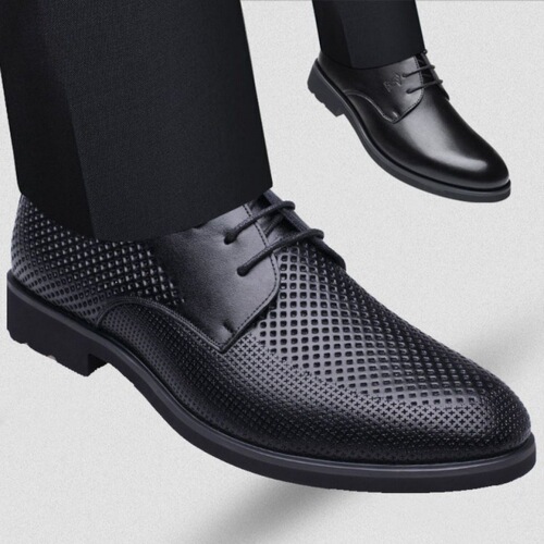 Men's Summer Mesh Breathable Wide Men's Shoes Genuine Leather Business Formal Holes Slip-on Shoes Men's Insoles Height Increasing Shoes