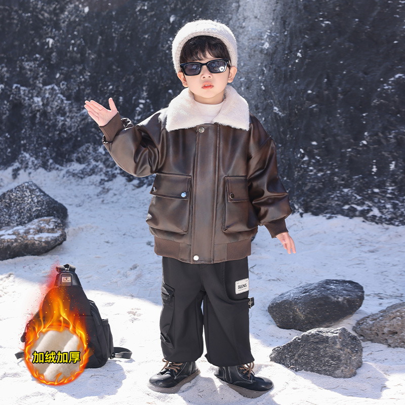 男童加绒外套秋冬装2025新款宝宝加厚皮衣上衣儿童冬装痞帅棉衣潮