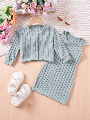 2025 Cross-border New Spring and Autumn Girls' Knit Topless Dress Two-Piece Set Pure Color Sweet Set
