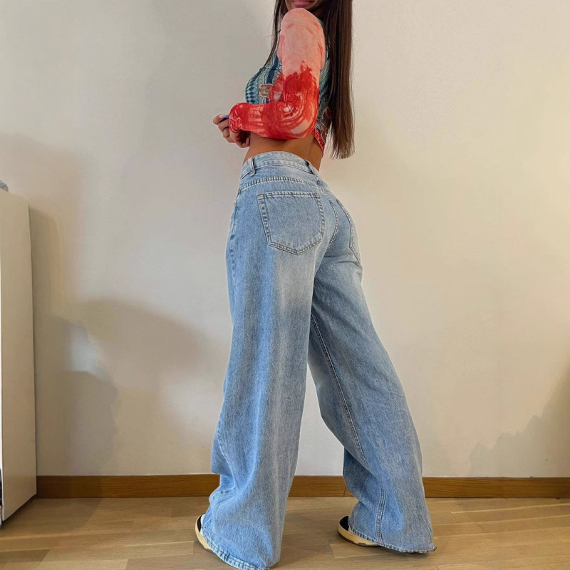 2025 ヨーロッパとアメリカのクロスボーダー新レトロアメリカンロングワイドレッグパンツホットガールルーズジーンズ女性のハイウエストワイドレッグパンツ|undefined