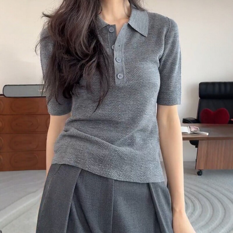 Gray Polo Collar Short-Sleeved Knitwear for Women 2026 Summer New Style High-End Ice Silk T-Shirt Versatile Slimming Top