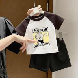 2026儿童夏季新款卡通洋气拼接撞色T中大童宝宝短袖短裤两件套装