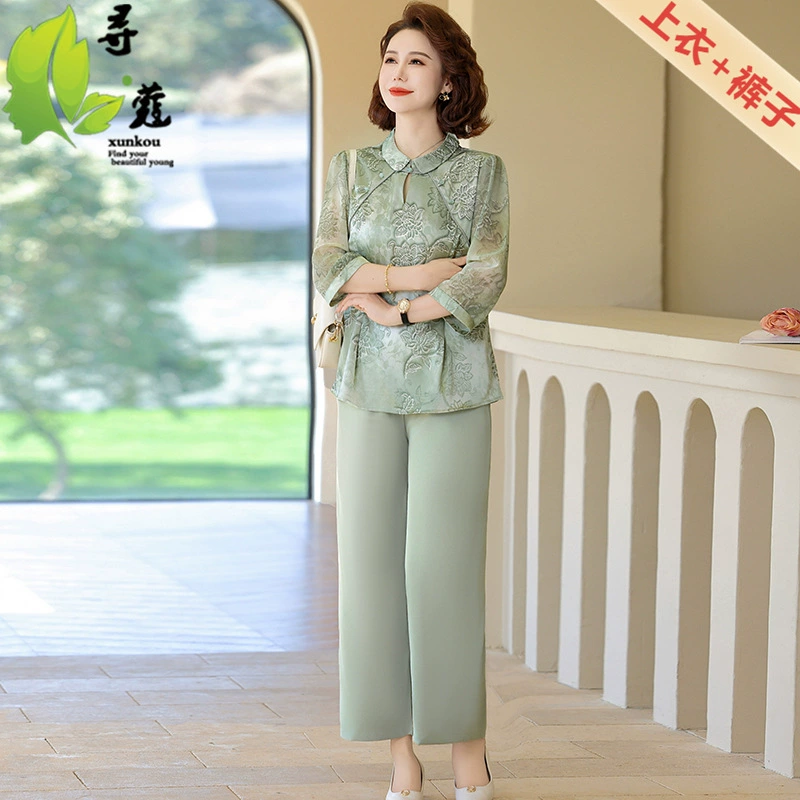 Модный национальный стиль мама одевается большой размер женщины среднего и пожилого возраста 40-60 лет костюм одежды среднего возраста для свекрови 50 лет летом