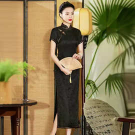 高端黑色花螺真丝2025新款优雅时尚老上海交织桑蚕丝手工长款旗袍