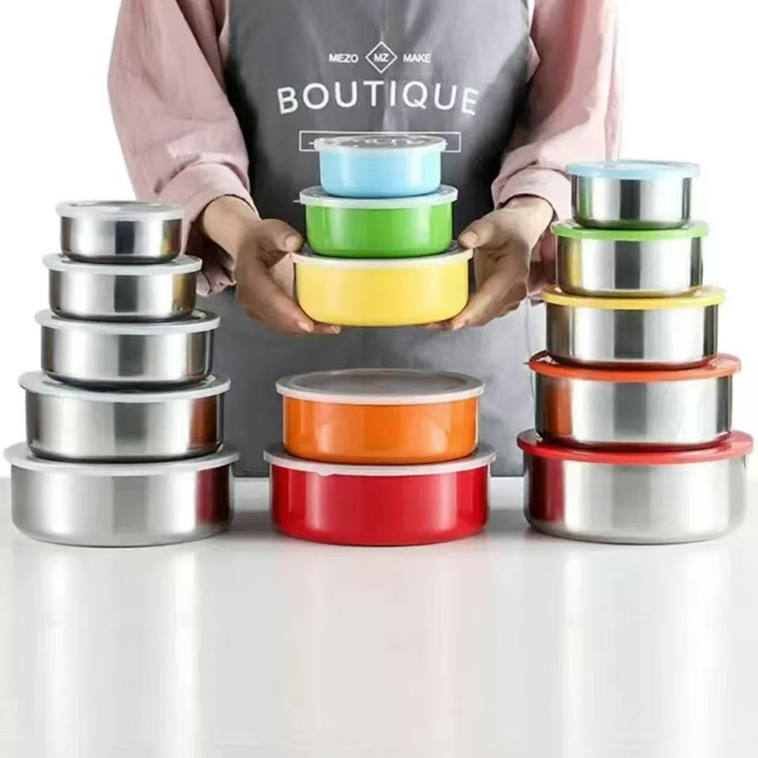 Stainless Steel Food Storage Container Five-Piece Set with Lid, Sealed, Round, Thickened, Cross-Border Trade, Storage Lunch Box, Food Preservation Bowl