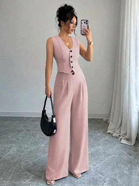 2025 European and American Cross-Border Fashion Small Fragrant Vest Style Suit Trousers Suit V Neck Vest High Waist Wide Suit Street