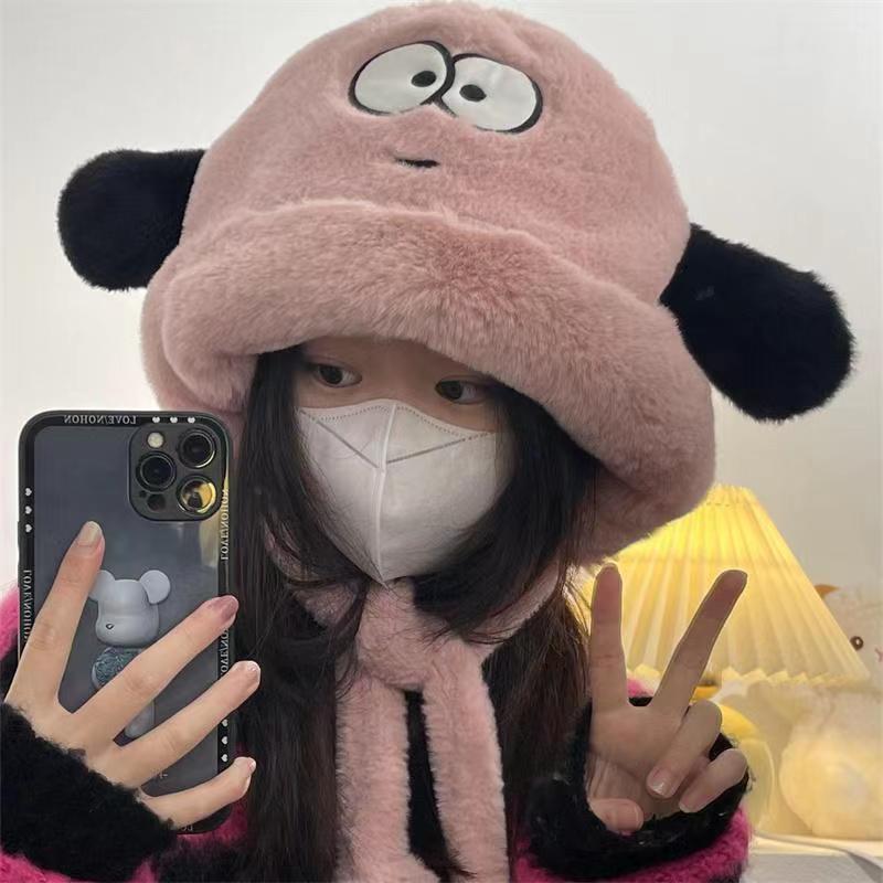 秋冬新款大耳朵软乎乎骑车防寒系带毛绒卡通甜妹帽保暖护耳雷锋帽|undefined