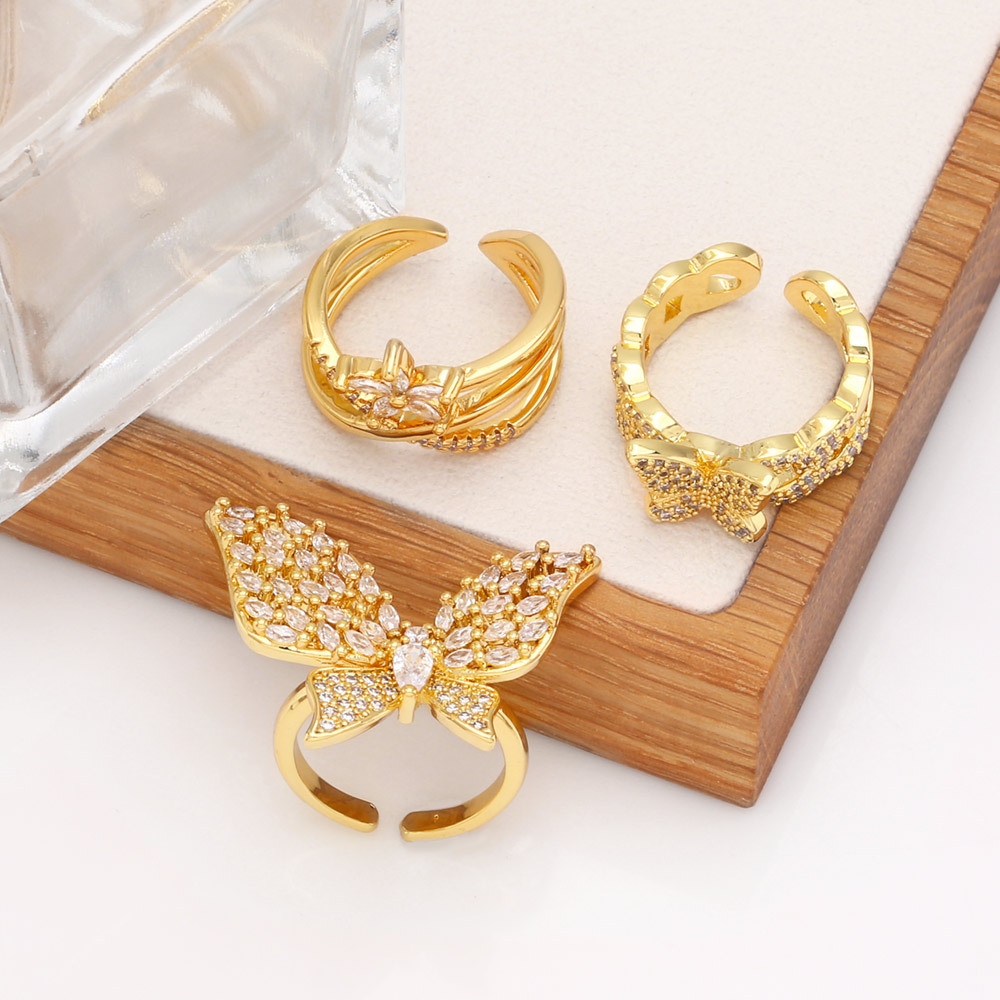 Fashion Creative Zircon Inlaid Butterfly Flower Adjustable Copper Ring