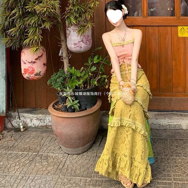 度假马卡龙撞色花边吊带连衣裙/官搭开衫套装褶皱拼接印花|undefined