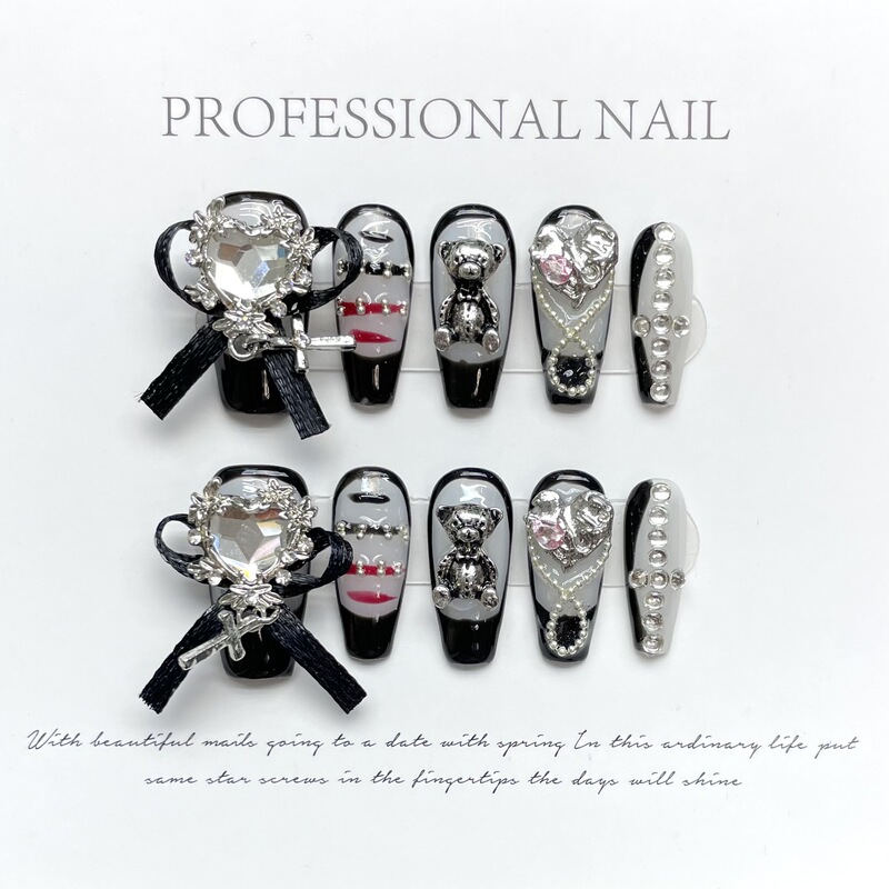[Original design] luxury nail bow exaggerated zircon wear nail Dark Court finished nail piece
