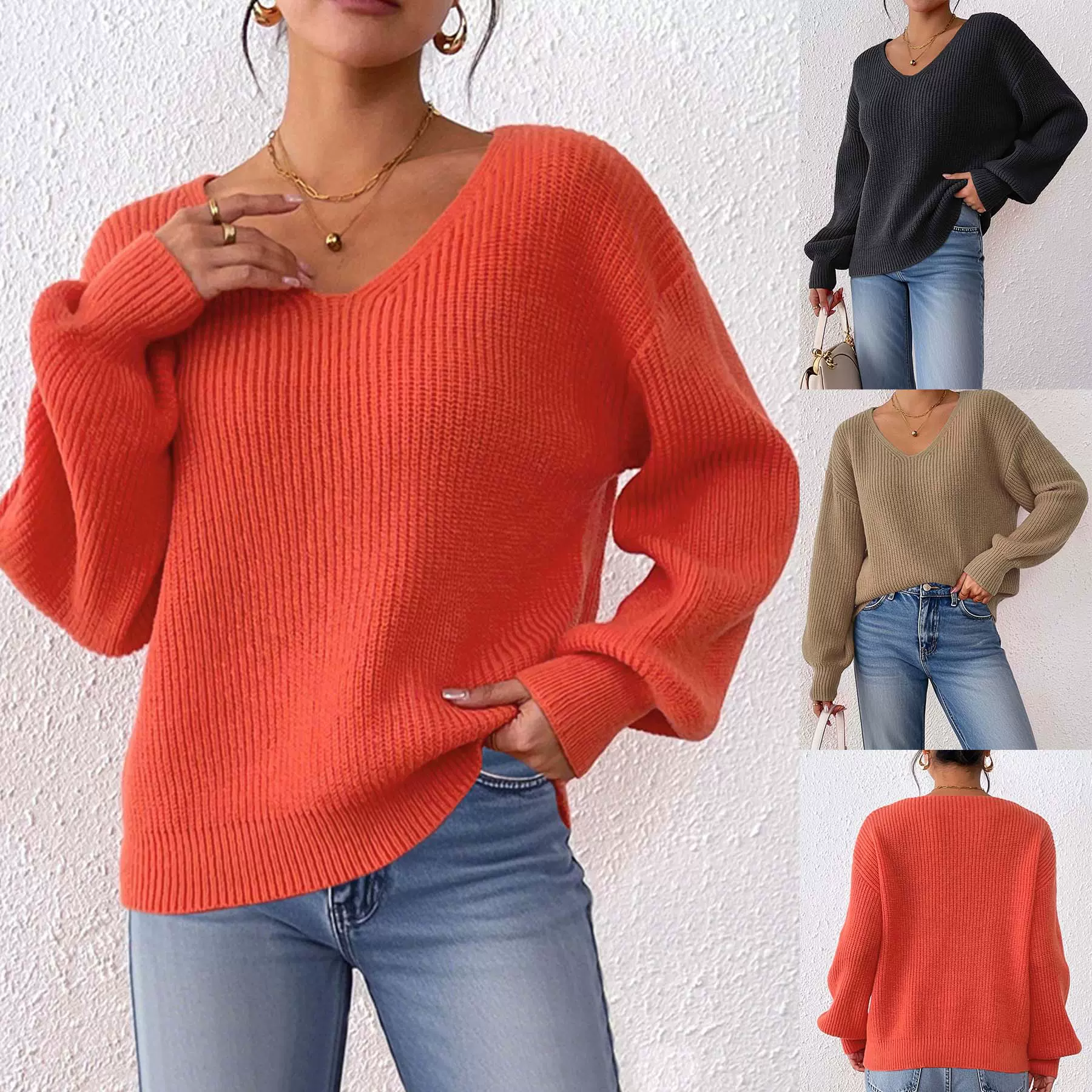 欧美女装跨境纯色毛衣秋冬V领休闲套头上衣机织衫宽松毛衣女批发