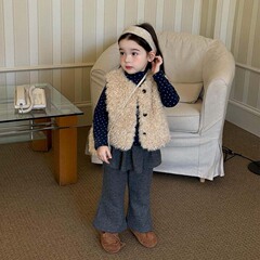 女童童套装2025冬季加厚毛马甲波点打底衫加绒裙裤三件套宝宝套装