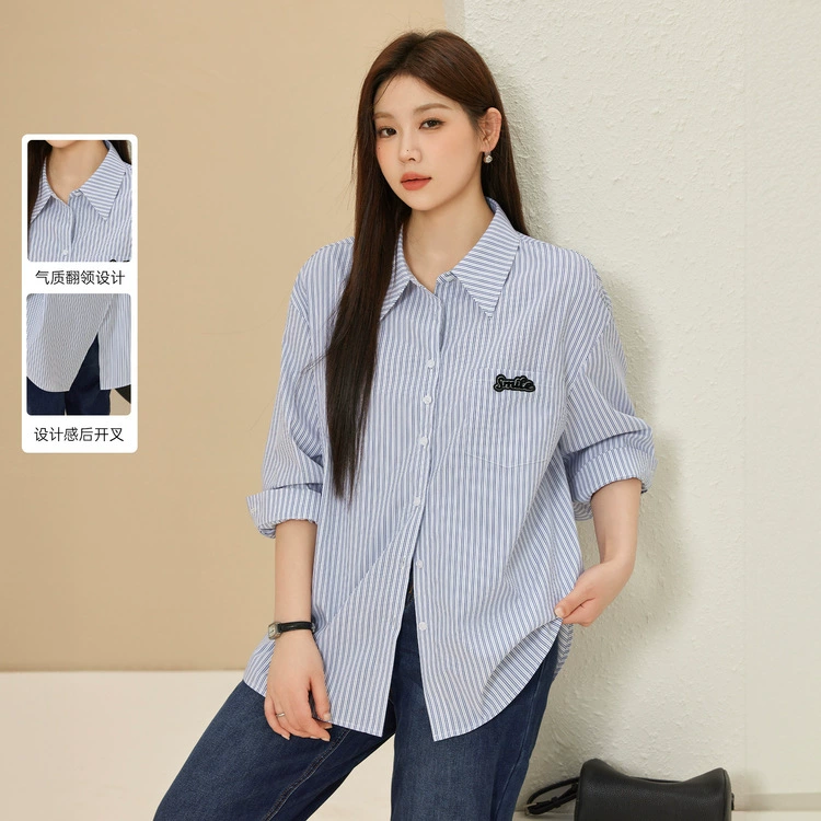 [Морской отдел] Непринужденная интеллектуальная элегантная рубашка в сине-белую полоску, тонкая и яркая женская одежда больших размеров для полных мм, весенний новый стиль