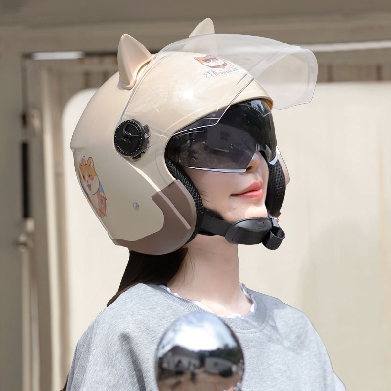 Universal Helmet Women Electric Vehicle Autumn Winter Universal (Auto Parts and Accessories) - one-size-double-visor-electric-vehicle-special-new-national-standard-winter-helmet-black-shiba-inu-send-cat-ears-transparent-black-middle-visor-anti-fog-large-visor