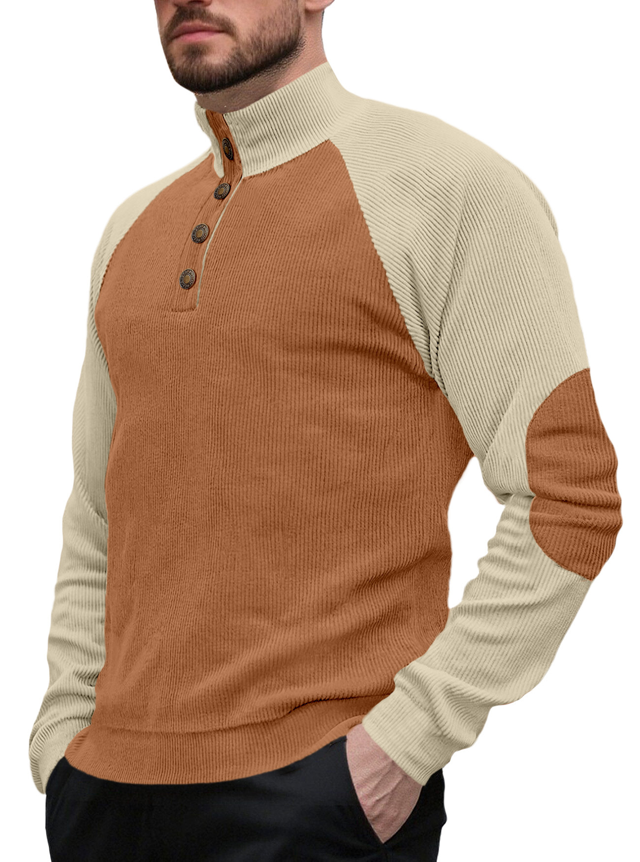 Nuevo transfronterizo de tamaño europeo primavera y otoño nuevo hombre al aire libre manga de hombro cuello de pie casual suelta camiseta de cameltoe de manga larga