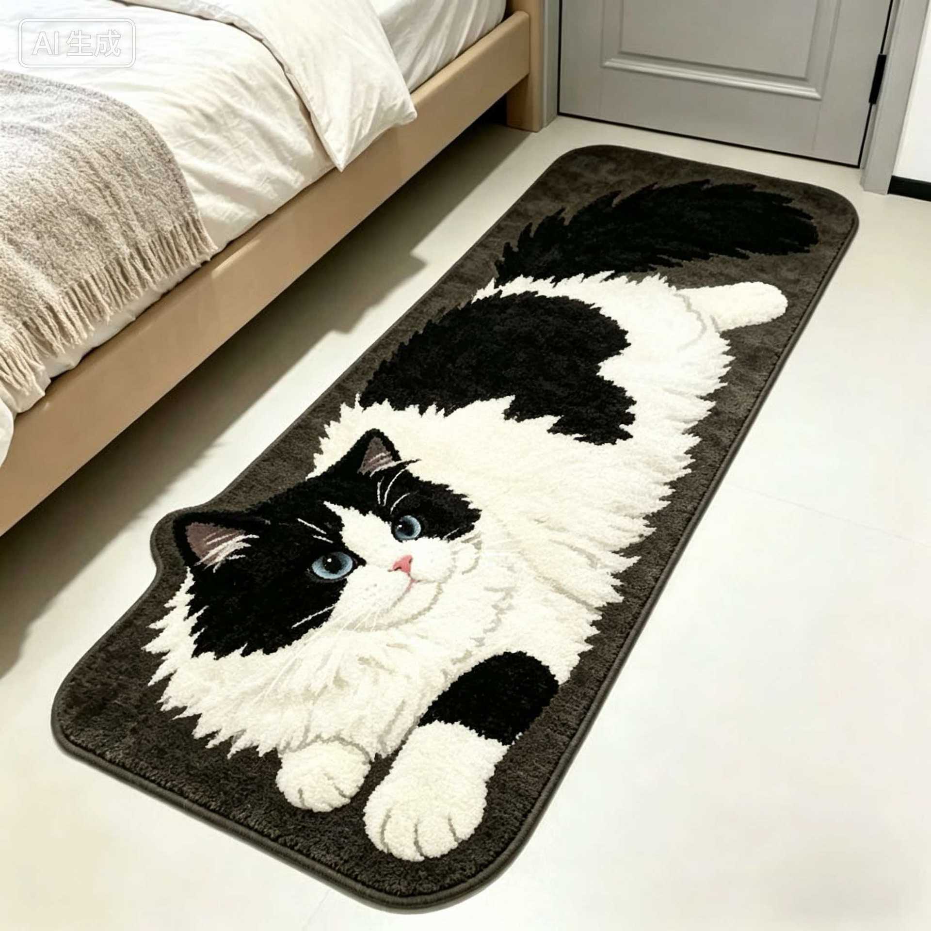 3D Visual Plush Cat Bedside Rug, Cute and Adorable Long Carpet for Bedroom, Water Absorbent, Dirt Resistant, Insulating Foot Mat, Cross-Border
