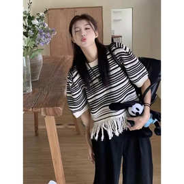 2025新款韩版小众高级感流苏条纹毛衣个性时尚慵懒风镂空针织衫女