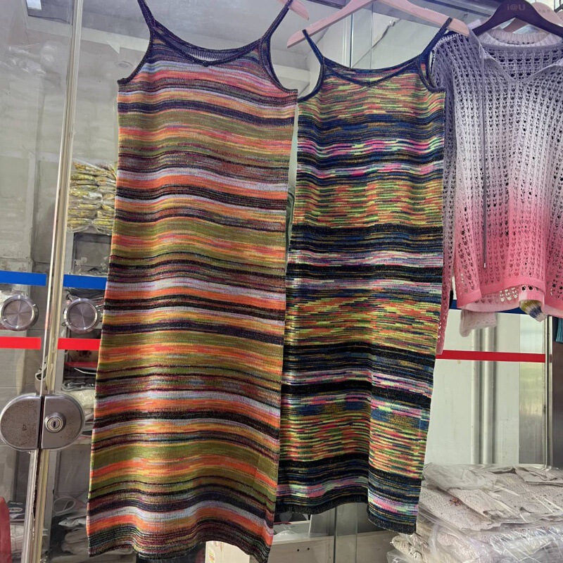 Real Shot Celebrity Same-style Rainbow dress Female Designer Duan-dyed Knitted Sling Dress