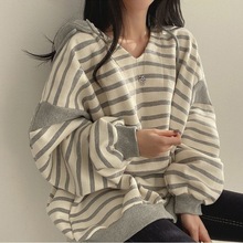 clothing批发韩版潮棉V领条纹卫衣女连帽春秋冬季装休闲圆领套头