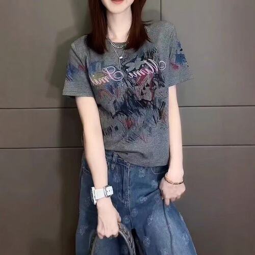 Grey Oversized Shoulder Short-Sleeve T-Shirt for Women - Summer New Arrival Korean Style Fashion High-End with Colorful Art