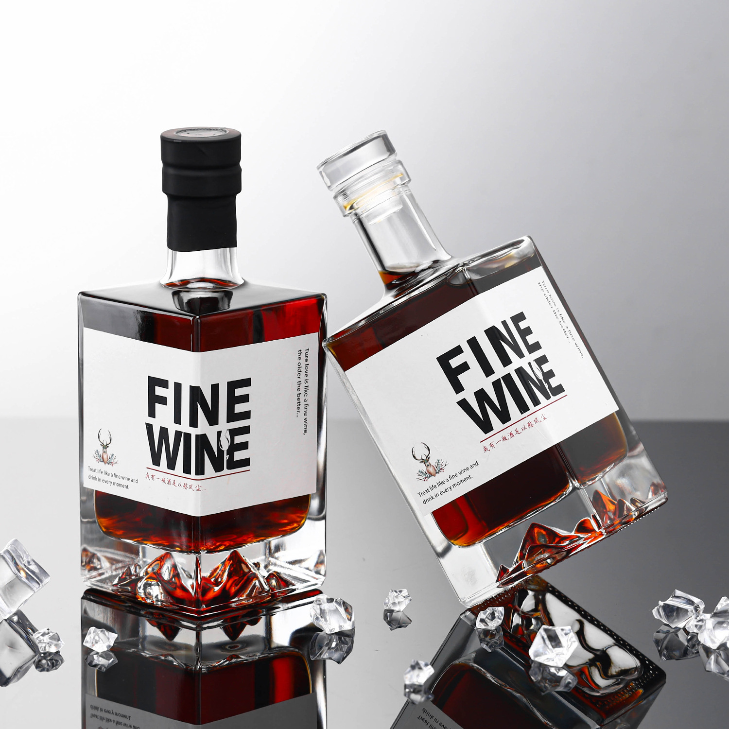 透明白酒玻璃瓶加厚四方果酒瓶分装红酒晶白料密封山形低山形瓶