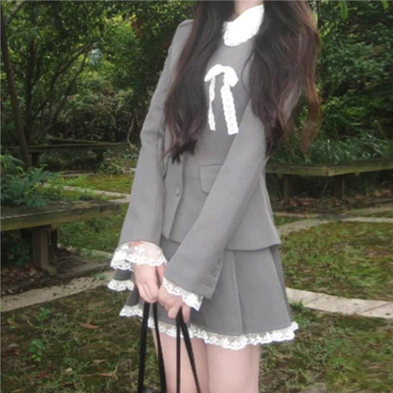 早法式学院风一整套穿搭女蕾丝拼接西服外穿外套高腰半身裙两件套|undefined