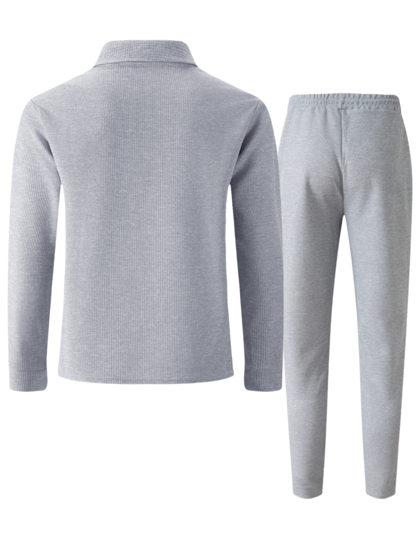 Men's Waffle Knit Shirt And Trousers Suit Casual Long Sleeve Set_voghion.com