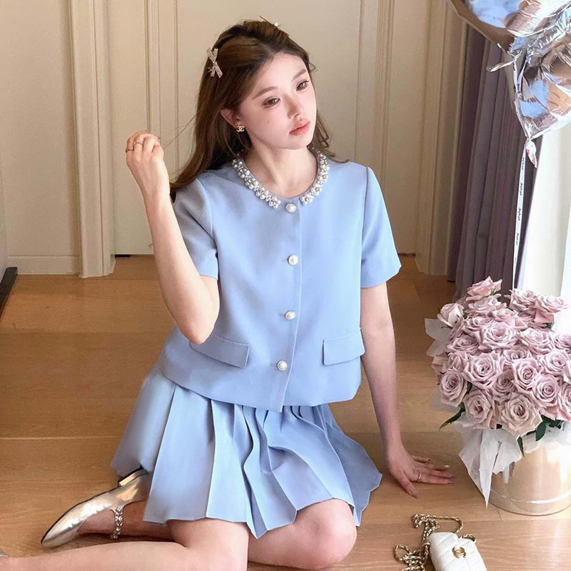 夏スーツレディースプリーツスカートツーピース薄手婦人服2025新スタイル小柄おしゃれ年齢軽減トップス甘い|undefined