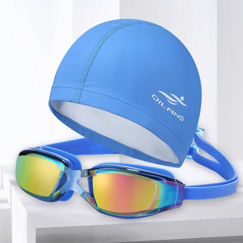 PU 수영 모자 + 수경 [사파이어 블루 2 피스 세트]