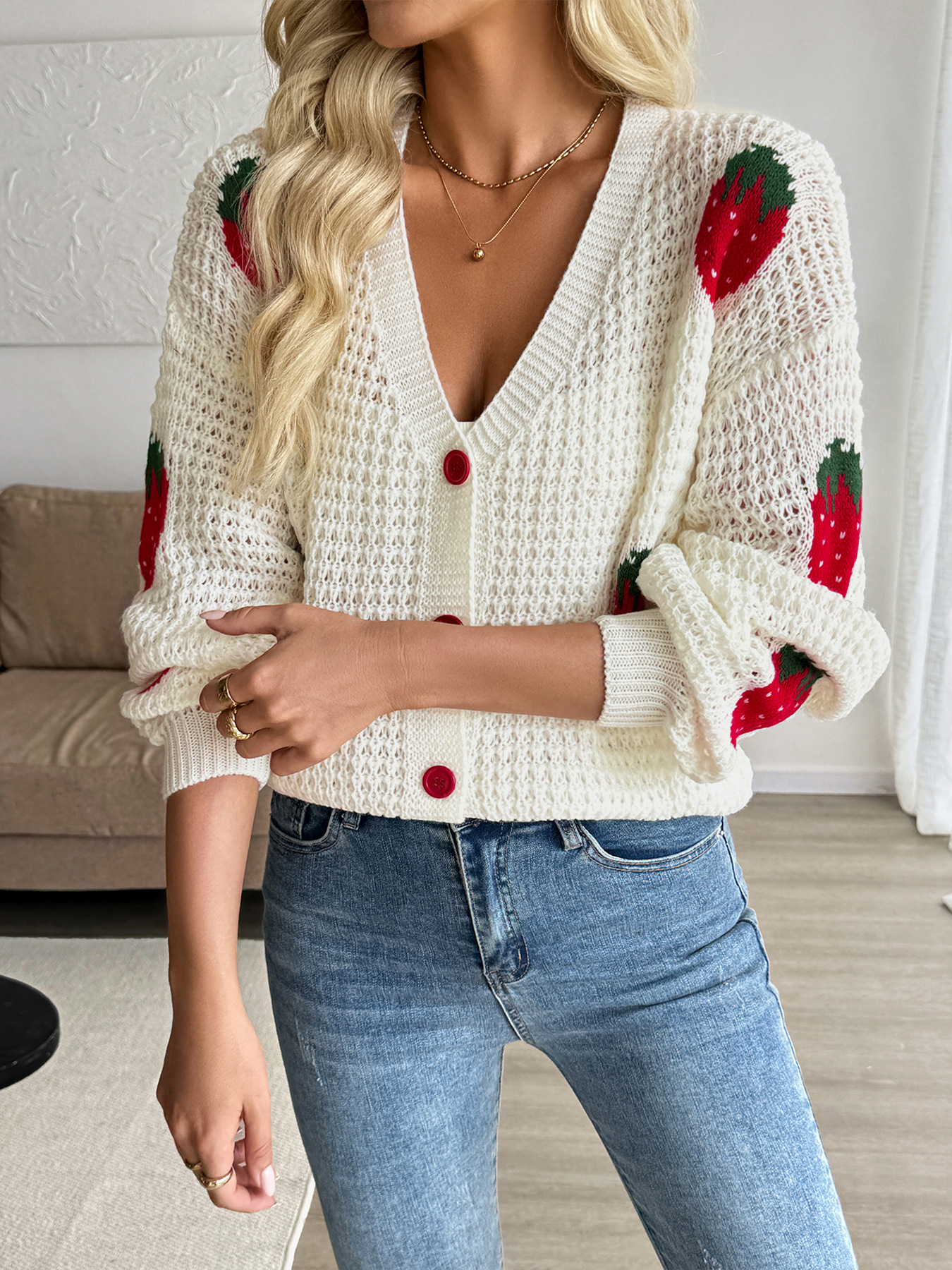 Women's Casual Cardigan Sweater With Strawberry Jacquard Pattern, Lightweight Knit Pullover, Open Front Long Sleeve Top For Spring & Fall_voghion.com