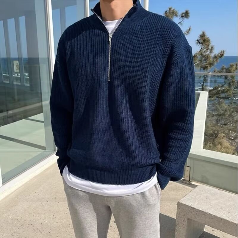 工厂直销半高领拉链针织衫男美式复古宽松落肩长袖慵懒风套头毛衣|undefined