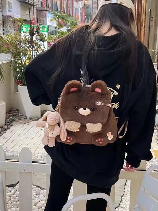 Plush Bear Backpack for Women 2023 Autumn/Winter New Large Capacity Versatile and Super Cute Cross Shoulder Bag_voghion.com